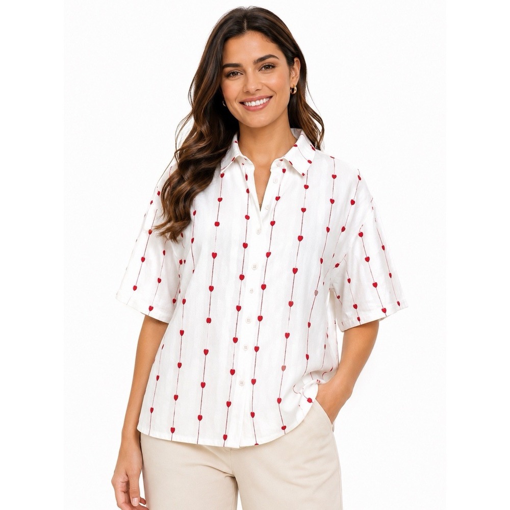 Solitaire Womens White Red Heart Embroidered Button Down Shirt Top‎ XL